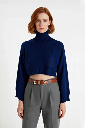 Kadın Ekru Oversize Süper Crop Dik Yaka Triko Kazak Düşük Kol Kışlık Güncel Moda Trendi Kaliteli