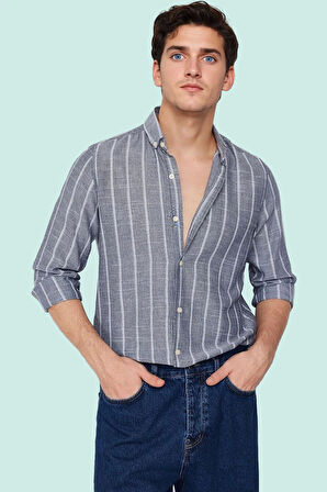 Erkek Çizgili Pamuklu Düğmeli Gömlek İşten Güne Rahat Şıklık Günlük Kullanım Modern Tasarım