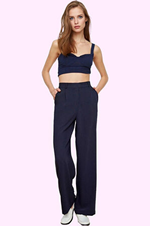 Kadın Wide Leg Pantolon Yüksek Bel Geniş Paça Krep Kumaş Koleksiyonu Günlük Kullanım