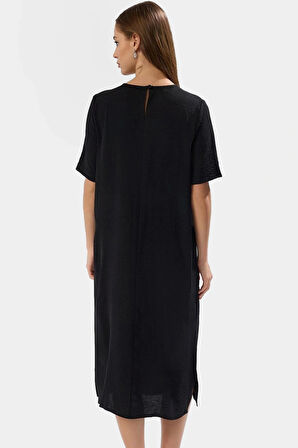 Dokuma Polyester Midi Elbise Bisiklet Yaka Shift Kalıp Düz Desen 115 cm Boy Modern Stil