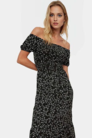 Rahat Örme Midi Elbise 93%Polyester 7%Elastan Carmen Yaka Puantiyeli Konforlu Kesim