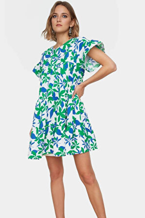 Geniş Kesim Mini Elbise Pamuklu Poplin Çiçek Desenli Yazlık Rahat Kullanım Modern Stil