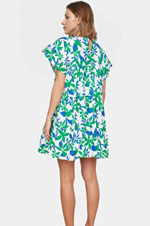 Geniş Kesim Mini Elbise Pamuklu Poplin Çiçek Desenli Yazlık Rahat Kullanım Modern Stil