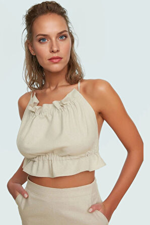 Yazlık Plaj Bluz Crop Keten Karışımı Bisiklet Yaka Regular Kalıp Şık Görünüm Uzun Ömürlü