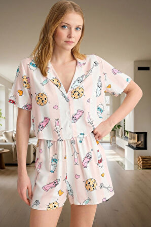 Viskoz Baskılı Pijama Takımı Şortlu Düğmeli Yazlık Rahat Kullanım Günlük İçin