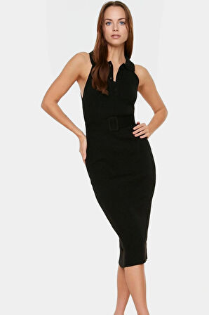 Yazlık Akrilik Midi Elbise Bodycon Kesim Polo Yaka Kemerli Konforlu Kaliteli İşçilik