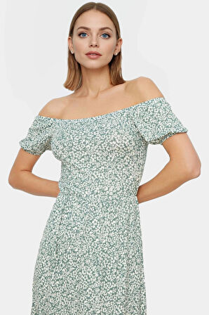 Rahat Örme Midi Elbise 93%Polyester 7%Elastan Carmen Yaka Puantiyeli Konforlu Kesim