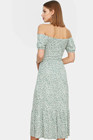 Rahat Örme Midi Elbise 93%Polyester 7%Elastan Carmen Yaka Puantiyeli Konforlu Kesim