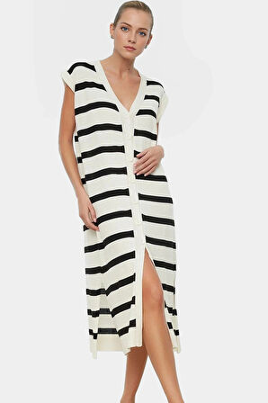 Yazlık Midi Elbise Triko Kumaş V Yaka Çizgili Desen Shift Kalıp Rahat Kaliteli İşçilik