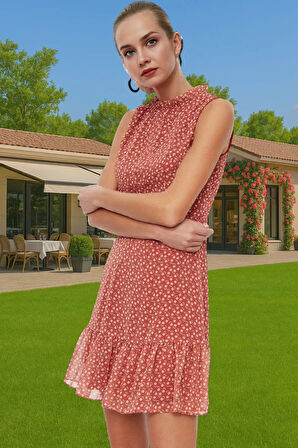 Yazlık Astarlı Mini Elbise Polyester Çiçekli Dokuma A Kesim Kaliteli İşçilik Mükemmel Uyum