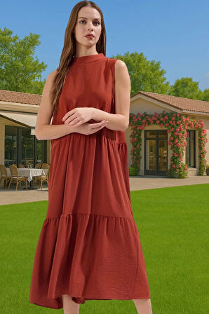 Kadın Yazlık Midi Elbise Nefes Alan Polyester Dokuma Kumaş Rahat Trend Tasarım Modern Stil