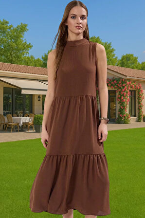 Kadın Yazlık Midi Elbise Nefes Alan Polyester Dokuma Kumaş Rahat Trend Tasarım Modern Stil