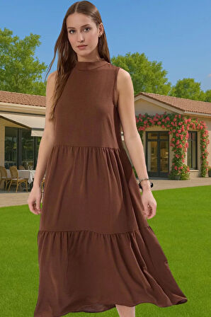 Kadın Yazlık Midi Elbise Nefes Alan Polyester Dokuma Kumaş Rahat Trend Tasarım Modern Stil