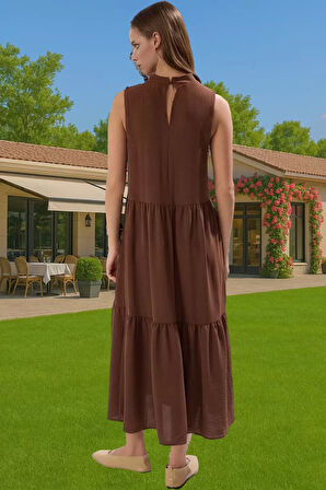 Kadın Yazlık Midi Elbise Nefes Alan Polyester Dokuma Kumaş Rahat Trend Tasarım Modern Stil