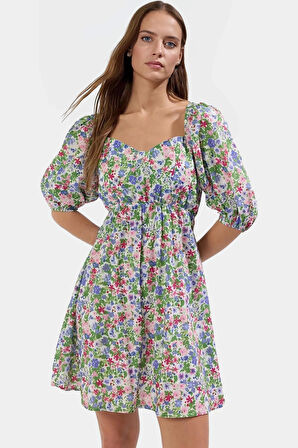 Dokuma Polyester Mini Elbise Çiçekli Desen Belden Kalp Yaka Yaz Şık Görünüm Modern Stil