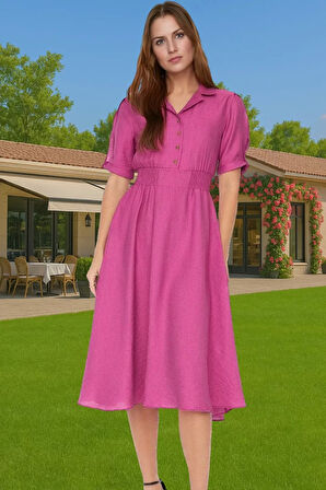 Rahat Dokuma Midi Elbise Gömlek Yaka A Kesim Yazlık Kombin Trend Tasarım Özel Tasarım Mükemmel Uyum