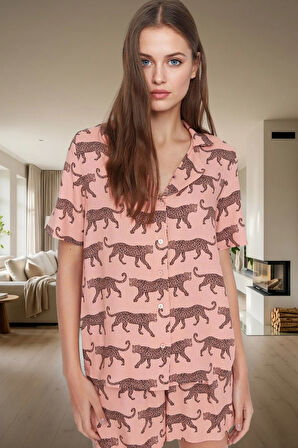 Yazlık Animal Desenli Pijama Takımı Shally Dokuma Viskoz Rahat Kalıp Dayanıklı Malzeme