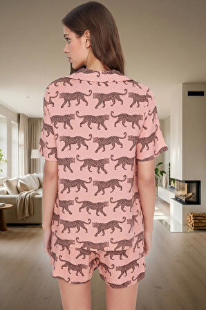 Yazlık Animal Desenli Pijama Takımı Shally Dokuma Viskoz Rahat Kalıp Dayanıklı Malzeme