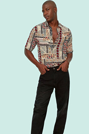 Erkek Regular Kalıp Viskon Etnik Desenli Kısa Kollu Gömlek Günlük Kullanım Kaliteli Malzeme