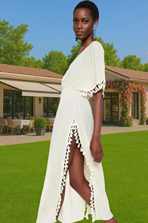 Yazlık Feminen Püsküllü Maxi Plaj Elbisesi V Yaka Seçkin Malzeme Profesyonel Görünüm Rahat Kullanım