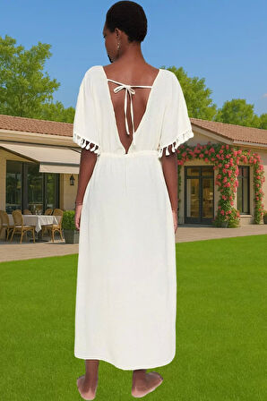 Yazlık Feminen Püsküllü Maxi Plaj Elbisesi V Yaka Seçkin Malzeme Profesyonel Görünüm Rahat Kullanım