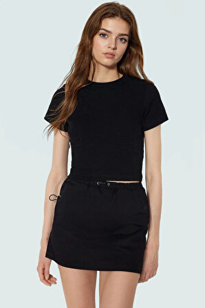 Örme Crop Bluz Bisiklet Yaka Fitted Kalıp Pamuklu Yazlık Kemersiz Uzun Ömürlü