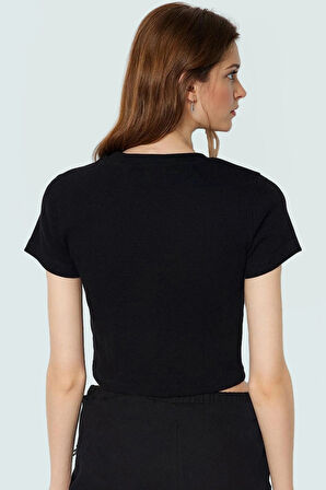 Örme Crop Bluz Bisiklet Yaka Fitted Kalıp Pamuklu Yazlık Kemersiz Uzun Ömürlü