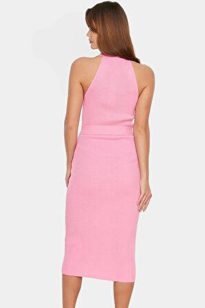 Yazlık Akrilik Midi Elbise Bodycon Kesim Polo Yaka Kemerli Konforlu Kaliteli İşçilik