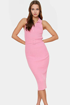 Yazlık Akrilik Midi Elbise Bodycon Kesim Polo Yaka Kemerli Konforlu Kaliteli İşçilik