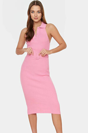 Yazlık Akrilik Midi Elbise Bodycon Kesim Polo Yaka Kemerli Konforlu Kaliteli İşçilik