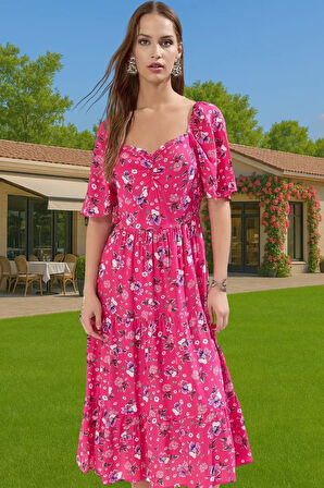 Rahat A Kesim Balon Kollu Midi Viskoz Elbise Kaliteli İşçilik Dayanıklı Malzeme Uzun Ömürlü