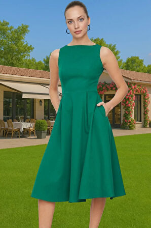 Kadın Bisiklet Yaka Kolsuz Midi Elastan Elbise Uzun Ömürlü Profesyonel Görünüm Zarifane Tasarım