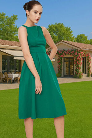 Kadın Bisiklet Yaka Kolsuz Midi Elastan Elbise Uzun Ömürlü Profesyonel Görünüm Zarifane Tasarım