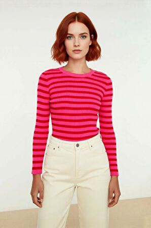 Kadın Casual Çizgili Bisiklet Yaka Fitted Akrilik Uzun Kol Triko Basic Günlük Kazak Kaliteli