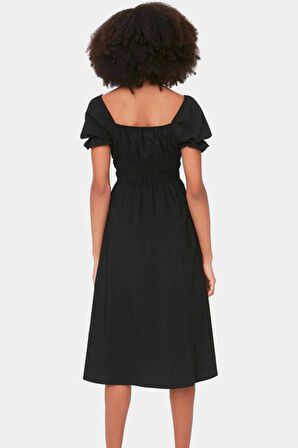 Midi Boy Kadın Terrycotton Skater Elbise Kare Yaka Kısa Kollu Rahat Kesim Yüksek Kalite