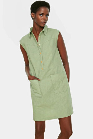 Pamuklu Dokuma Mini Elbise Gömlek Yaka Shift Kalıp Yazlık Profesyonel Görünüm Trend Tasarım