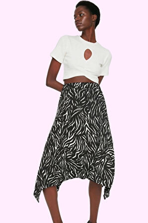 Kadın Zebra Desenli Örme Midi Etek Asimetrik Yüksek Bel Nefes Alan Kumaş Rahat Günlük Kullanım