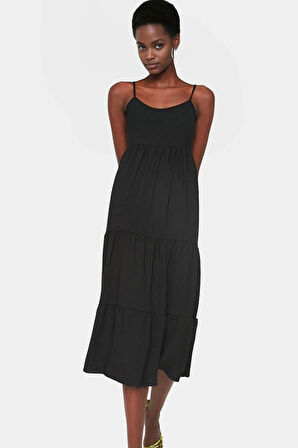 Yazlık Kolsuz Midi Elbise Rahat Skater Kalıp Nefes Alan Polyester Kumaş Zarifane Tasarım