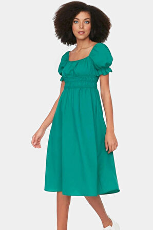 Midi Boy Kadın Terrycotton Skater Elbise Kare Yaka Kısa Kollu Rahat Kesim Yüksek Kalite