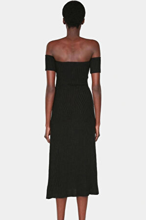 Akrilik Triko Midi Elbise Carmen Yaka A Line Kalıp Kolsuz Tasarım Kaliteli İşçilik Yüksek Kalite