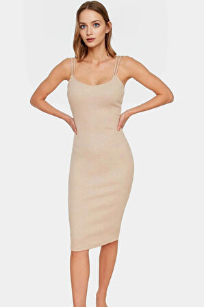 Rahat Pamuklu Elastan Midi Elbise Havuz Yaka İnce Askılı Bodycon Kesim Yüksek Kalite