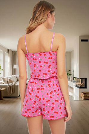 Kiraz Desenli Örme Pamuklu Pijama İnce Askılı ve Şortlu Rahat Kullanım Trend Tasarım