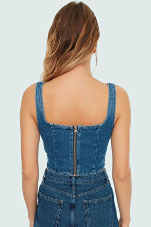 Regular Kalıp Denim Bluz Kare Yaka Kalın Askılı Pamuklu Mükemmel Uyum Modern Stil