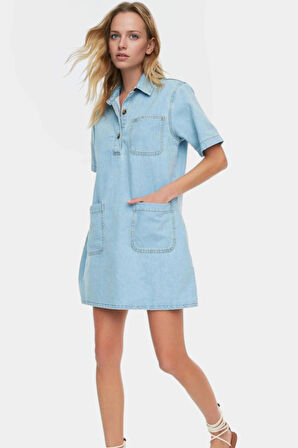 Pamuk Denim Gömlek Elbise Mini Boy Günlük Stil Rahat Kesim Trend Tasarım Konforlu