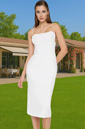 Feminen Bodycon Midi Abiye Elbise Polyester Elastan Kumaş Yazlık Seçkin Malzeme Premium Kalite