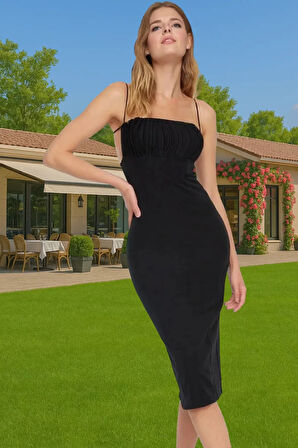 Feminen Bodycon Midi Abiye Elbise Polyester Elastan Kumaş Yazlık Seçkin Malzeme Premium Kalite