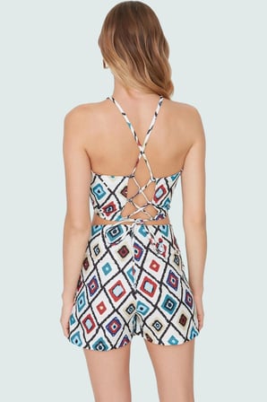 Halter Yaka Dokuma Bluz Mini Etek Takım Geometrik Desenli Yazlık Kombin Rahat Kullanım