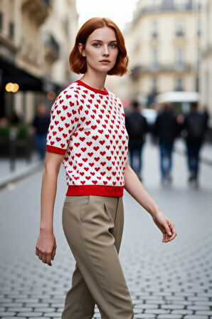 Kadın Günlük Giyim İçin Sevimli Kalp Desenli Regular Fit Akrilik Bisiklet Yaka Triko Bluz Kaliteli