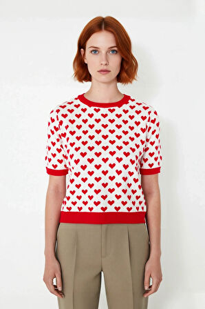 Kadın Günlük Giyim İçin Sevimli Kalp Desenli Regular Fit Akrilik Bisiklet Yaka Triko Bluz Kaliteli