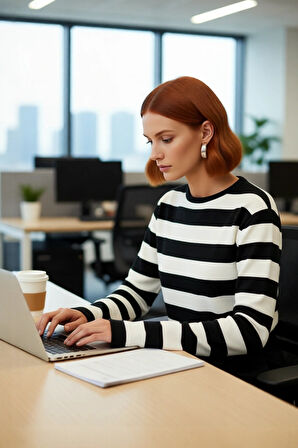 Kadın Uzun Kol Bisiklet Yaka Çizgili Crop Triko Kazak Günlük Şıklık ve Konfor Sunan Model Kaliteli